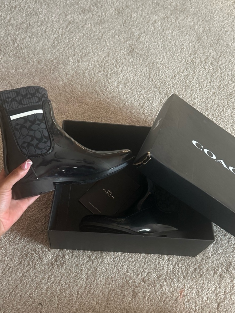 Coach Glossy Black Chelsea Rain Booties with Signature Logo Panel